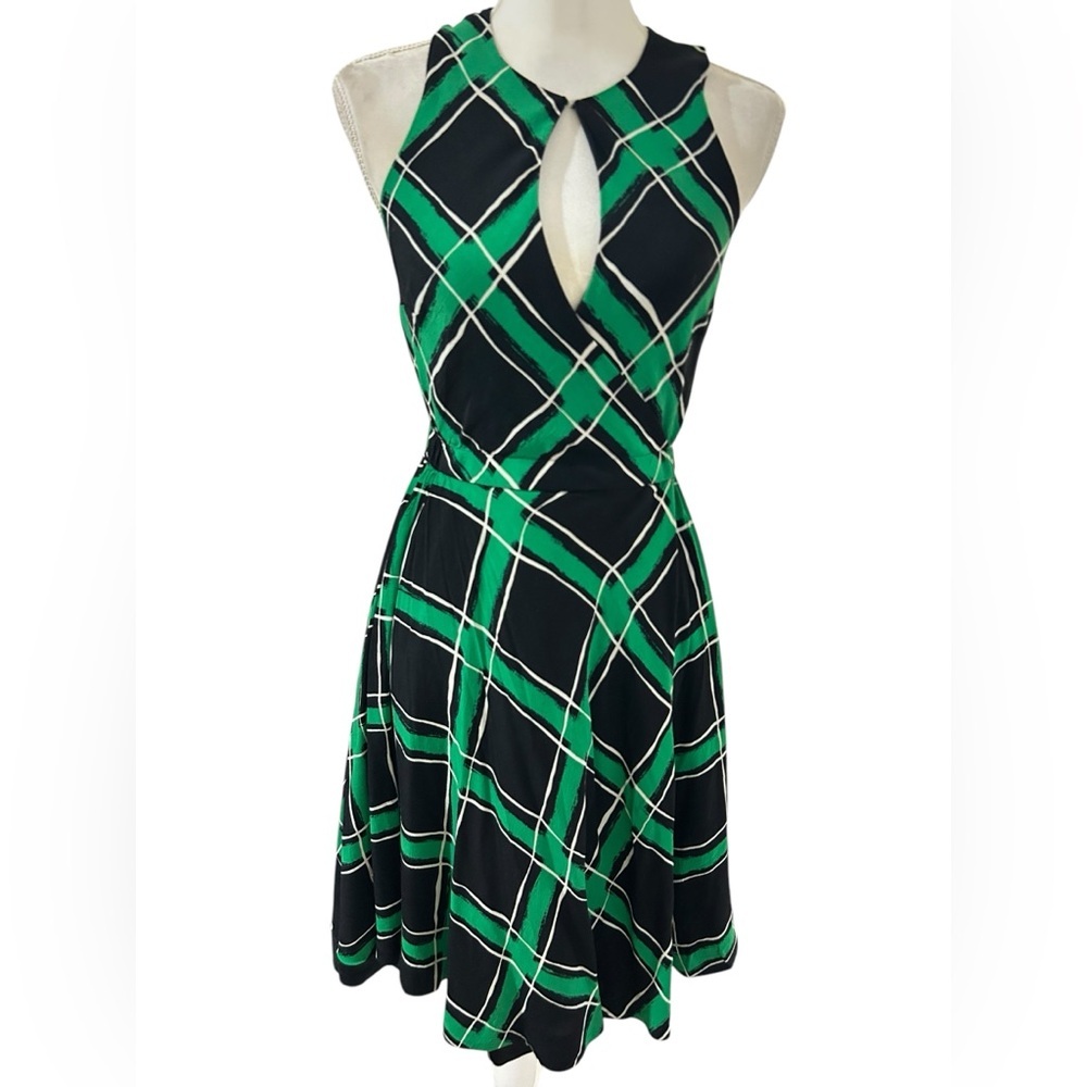 Anthropologie Maple Green Black Plaid Fit & Flare Dress Keyhole Neck Sleeveless